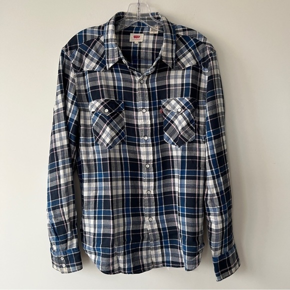 Levi’s Pearl Snap Plaid Flannel Button Down Western Shirt Shacket - Picture 7 of 12